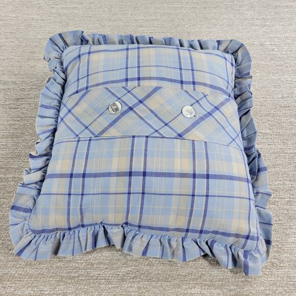 VTG Laura Ashley Emilie Pillow 16" Square Blue Cream Plaid Ruffle Trim Cotton - Picture 4 of 16